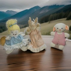 Lot of 3 Cute Stuffed Toys, Angel Rabbit, Little Lamb , & Girl w/ Basket Vintage