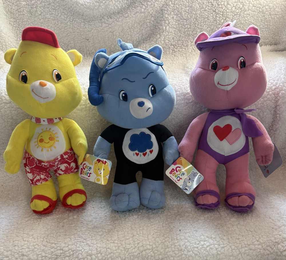 Lot of 3 Care Bears Beachwear w/ Tags, Funshine, Grumpy, Love A-Lot 12” 2009
