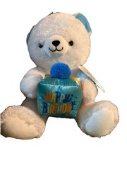 Hallmark Happy Birthday White Teddy Bear Plush 9″ Blue Present Stuffed Animal