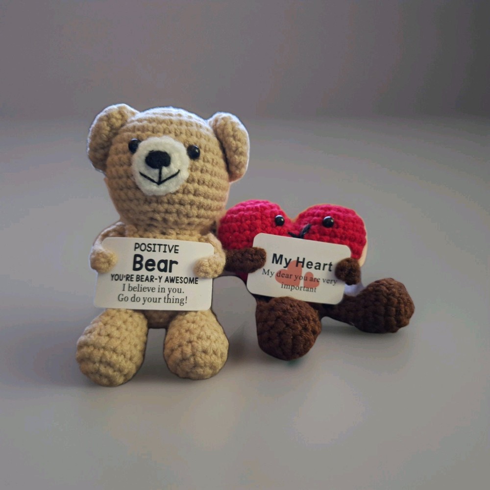 Bear & Heart Crocheted With Positive Messages. Heart Is Red , The Bear Is Brown