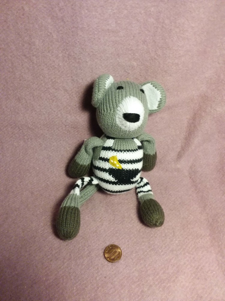 8″ Pottery Barn Modern Baby GRAY WHITE BLACK STRIPED KNIT MOUSE RATTLE stuffed