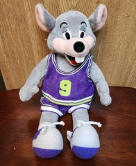 2007 VTG Chuck E Cheese Plush Mouse Basketball Jersey Purple Green Stuffed 12”
