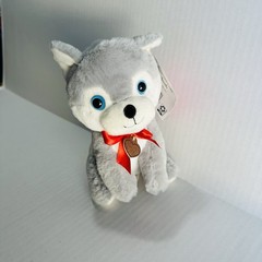 Gray Husky Dog Plush Stuffed Animal With Red Bow