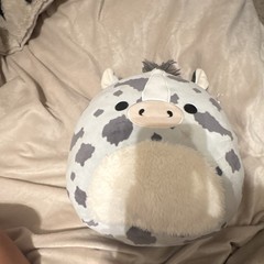 Cow Plush Stuffed Animal Round Pillow, Medium 14-24 in, White/Gray/Beige, 3+