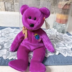 Ty Purple Bear Beanie Baby Plush Small World Earth Sun Logo Stuffed Toy