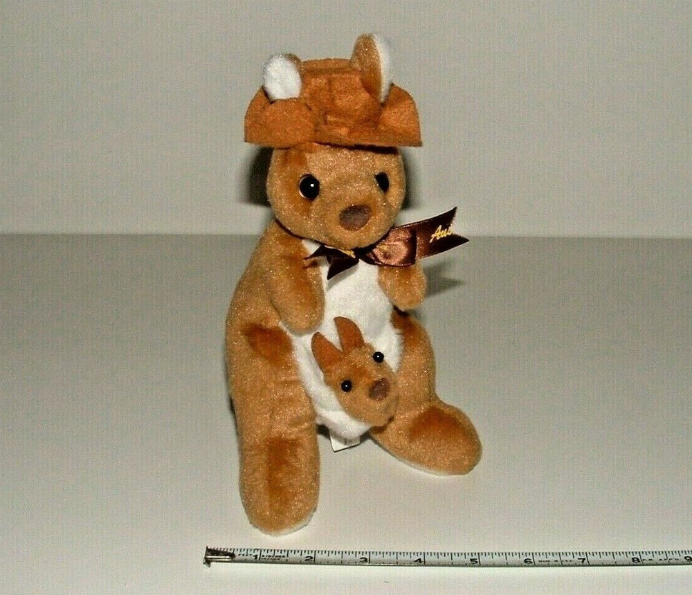 Kangaroo 9″ Plush, Attached Joey, Australia Ribbon Decor, Age Unknown, pre-owned