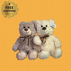 Set of 2 Plush Teddy Bears Stuffed Animals with Plaid Bows – Soft Cuddly Toys