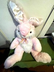 Large Pink & White Rabbit Plush Toy With Satin Ears And Floral Bow Soft And Hugg