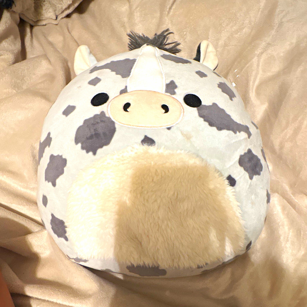 Cow Plush Stuffed Animal Round Pillow, Medium 14-24 in, White/Gray/Beige, 3+