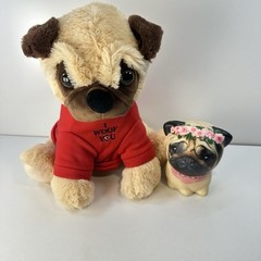 Pug Toy Lot 13 in Plush Tom’s Toys and a Stress Ball/Foam Squeezy Thing Cute