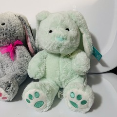 Gray & Teal Bunny Plush Stuffed Animal Bow Ribbon- Easter- Bunnies -Set Of 2