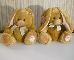 Pier 1 Imports 2 tan bunny rabbits “Hunter” pink ears nose soft plush plaid bows