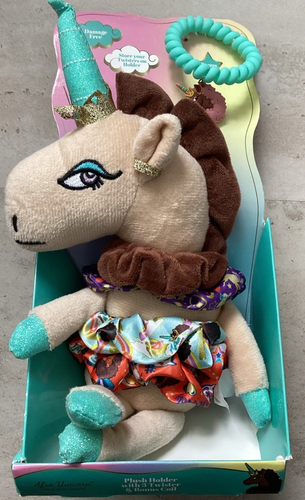 Afro Unicorn Plush Holder with Twister & Bonus Hair Elastic Gift Set – Light