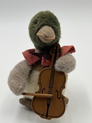 Vintage Sekiguchi Duck Plush Wind Up Music Box Violin Cello Player Toy Japan