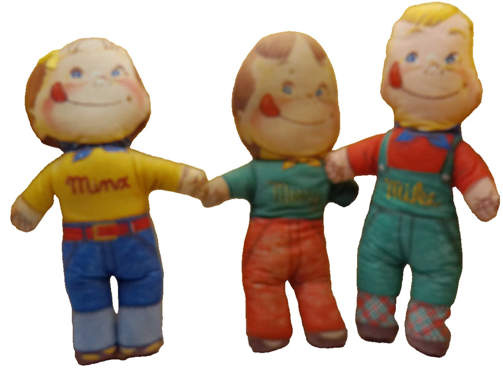 General Foods Birdseye pillow plush toy 1953 Minx Mike Merry set 3 sewn