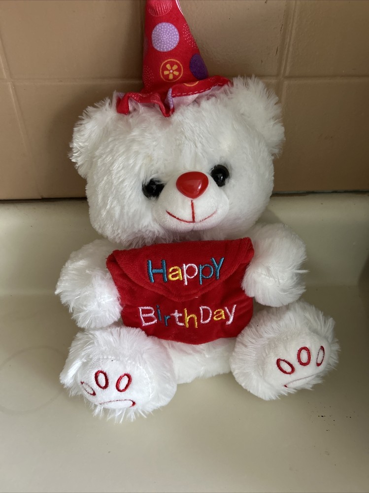 Teddy Bear Birthday Stuffed Plush 12” White Red None Envelope Happy Birthday