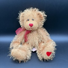 Russ Berrie Barret the Shaggy Bear 8″ Plush Red Bow Heart on Paw Sitting Stuffed
