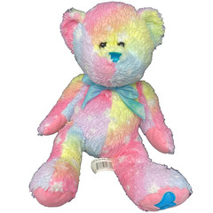 Walmart Rainbow Tie Dye Teddy Bear Plush Stuffed Animal Blue Hearts on Foot 11″