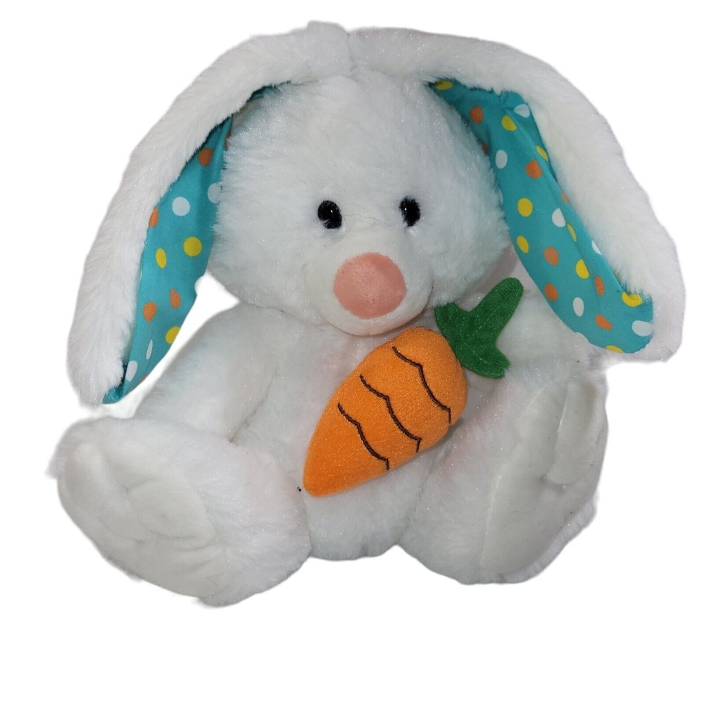 American Greetings Plush Easter Bunny Rabbit Lop Ear Carrot White Polka Dot 8″