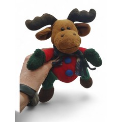 Plush Christmas Moose • Red + Green Toy with Plaid Scarf • Holiday Decor • 10″