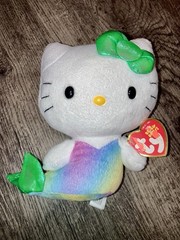Hello Kitty Sanrio TY Mermaid Rainbow Tail Teal Glitter Bow Fins 6″ Toy 2013 Tag
