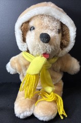 Vintage 1983 Interpur Avon Retired 12” Brown Dog Plush Tan Hoodie & Yellow Scarf
