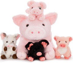 5-Piece Pig Stuffed Animal Set, 16 Inch Mommy Plush with 4 Baby Piggy Toys, Soft
