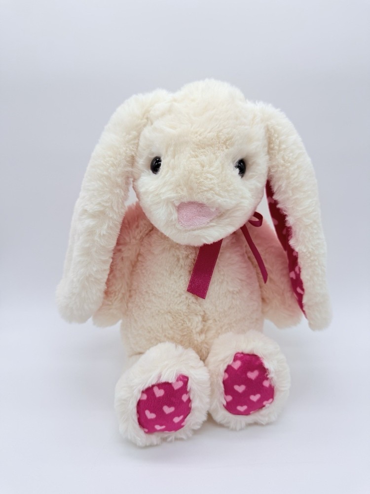 World’s Softest Plush Bunny Stuffed Animal Pinkish Red Fabric Heart Ears Bow 15”