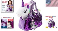 Charming White Unicorn Plush with Reversible Sequin Bag – Ideal for Kids 4-7