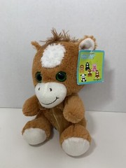 Goffa plush brown tan white sitting horse pony big green eyes sheer ribbon bow