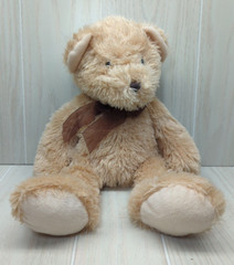 Hugfun plush tan beige teddy bear brown sheer ribbon bow stuffed animal