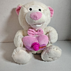 White & Pink Bear Heart Sounds & Lights 10 in Plush Stuffed Animal Toy *Works