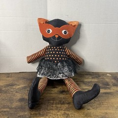 Halloween Black Cat Plush Doll Orange Polka Dot Dress Mask Soft Stuffed Decor
