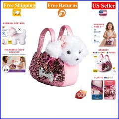 White Labradoodle Plush Set with Reversible Sequins & Charm for Kids 4-7