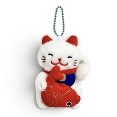 Maneki Neko Lucky Cat Plush Keychain Red Fish Japanese Charm Amufun H 3.93in