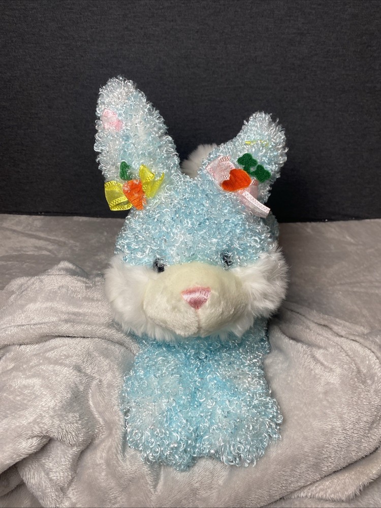 Walmart Curly Blue Bunny Plush 18”L Laying Floppy Easter Rabbit Carrot Bow Toy