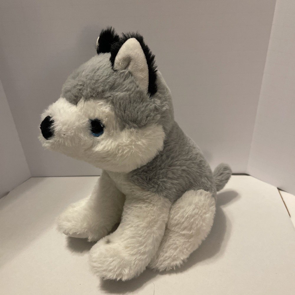 Plush Wolf Pup Husky Dog Blue Eyes Gray White Black Stuffed Animal