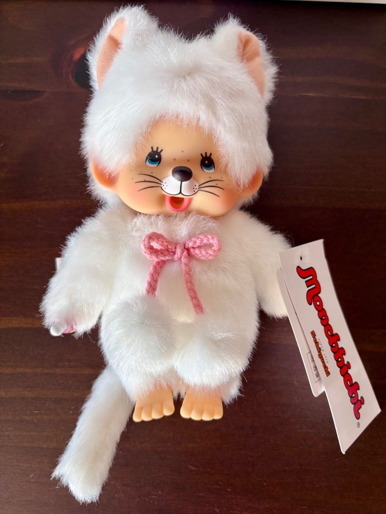NEW White Kitty Monchhichi Rare Blue Eyes Cat Costume Monkey Plushie, Brand New