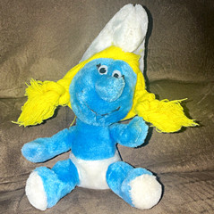 This is a 1981 Vintage Smurfette Smurfs Plush Doll Small Blue/White Yellow